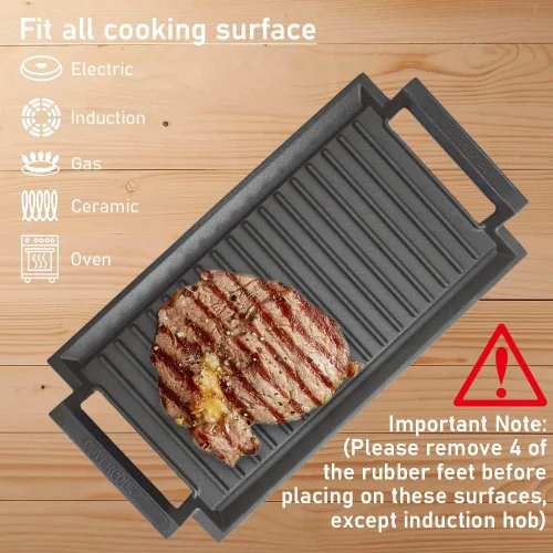 Miniatura 5 de Sartén para plancha, placa caliente de hierro fundido, parrilla rectangular, 2 asas con superficie acanalada para cocina eléctrica de inducción, 16