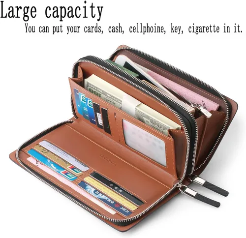 Miniatura 2 de VANNANBA Hombres Clutch Wallet Bolso de mano grande de cuero Bolso de mano de negocios con doble cremallera Azul Negro