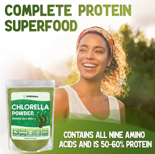 Miniatura 2 de XPRS Nutra Chlorella Powder - Polvo de clorofila de pared celular rota - Clorella para la inmunidad - Proteína completa vegana (8 onzas)