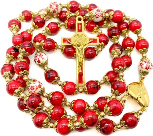 Nazareth Store Saint Benedict 10mm Glass Rosary Beads Catholic Necklace Flowers Mystery Bead Miraculous Medal Locket Cross Prayer Rosarios Catolicos