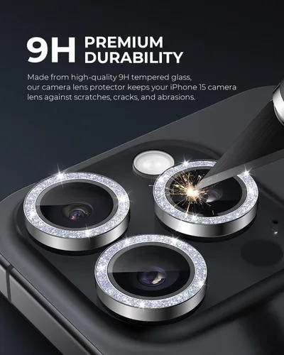Miniatura 3 de UARMOR - Protector de lente de cámara para iPhone 15 Pro y 15 Pro Max 9H vidrio templado y anillo de aluminio, transparente HD, kit de fácil Brillo