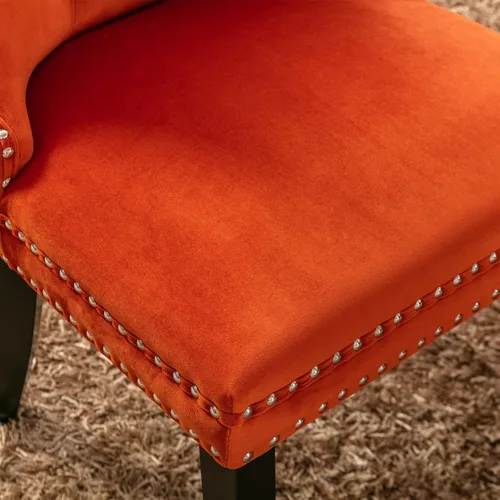 Miniatura 9 de Juego de 2 sillas de comedor de terciopelo, sillas decorativas tapizadas con botón acolchonado, ribete de cabeza de clavo y tirador de anillo Naranja