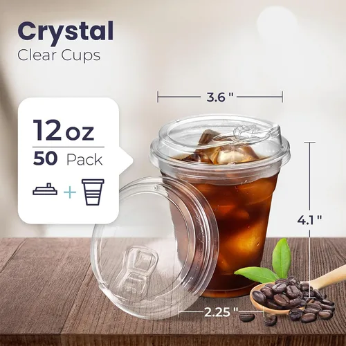 Miniatura 2 de Fit Meal Prep Paquete de 50 vasos de plástico transparente de 12 onzas con tapas sin pajilla, tazas de café de plástico desechables con tapas, tazas