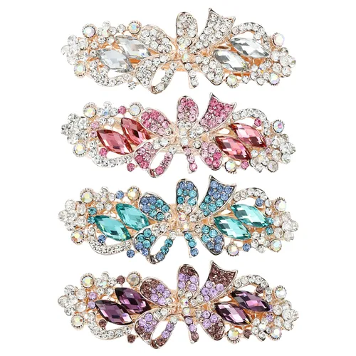 Miniatura 9 de inSowni Paquete de 4 Pasadores de Cabello Franceses de Metal de Lujo con Purpurina Brillante, Gemas Enjoyadas, Cristales con Diamantes de Imitación
