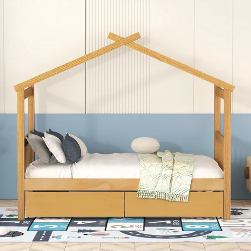 Miniatura 3 de JIVOIT Cama de plataforma de madera con dos cajones, cama de casa tamaño individual con diseño de techo, patas de pino macizo, cabecera y estribo