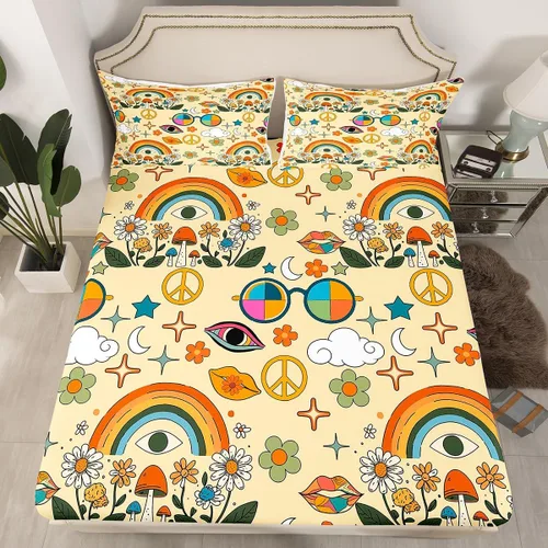 Miniatura 18 de Juego de sábanas ajustadas estilo 70s hippie retro para cama individual, juego vintage de otoño con hojas florales para niños y niños, juego de ropa