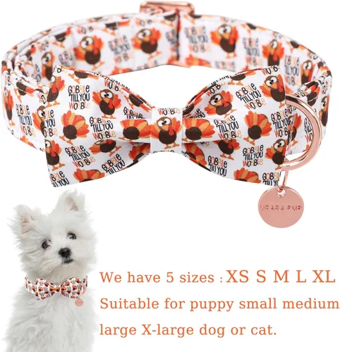 Miniatura 2 de Collar de Perro de Acción de Gracias con Pajarita, Pajarita de Algodón con Diseño de Pavo para Cachorra Hembra o Gato, Collar de Pajarita de Otoño
