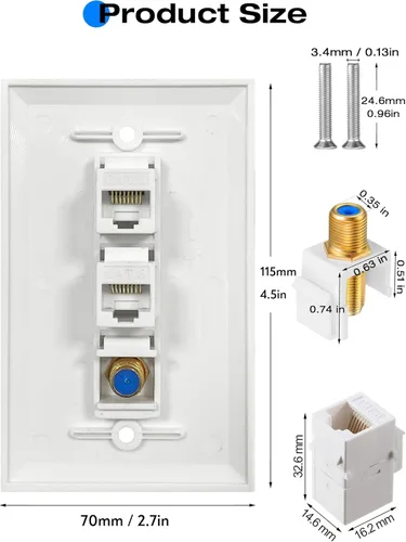 Miniatura 4 de Placa de pared coaxial Ethernet, 2 puertos Cat6 Keystone hembra a hembra, 1 puerto tipo F conector coaxial Keystone placa de pared - Blanco