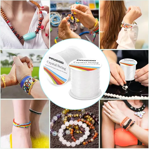 Miniatura 2 de PAXCOO - 2 rollos de cuerda elástica para cuentas de arcilla, cuentas de poni Kandi, pulseras y fabricación de joyas (0.031 in, cristal)
