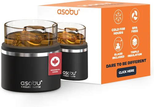 asobu Vaso con funda para whisky, vaso de bourbon aislado con vidrio de rocas de alta calidad, sin BPA, acero inoxidable de doble pared, mantiene