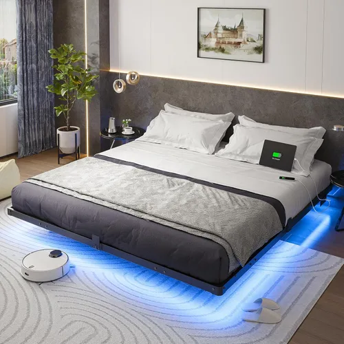 Miniatura 9 de Liians Marco de cama flotante moderno de tamaño completo con luces LED inteligentes, estación de carga USB, plataforma de metal resistente,