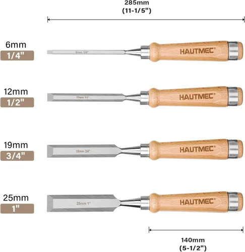 Miniatura 3 de HAUTMEC Juego de cinceles de madera largos para carpintería, cinceles de madera profesionales de 4 piezas con cuchillas de acero 60CR-V y asas