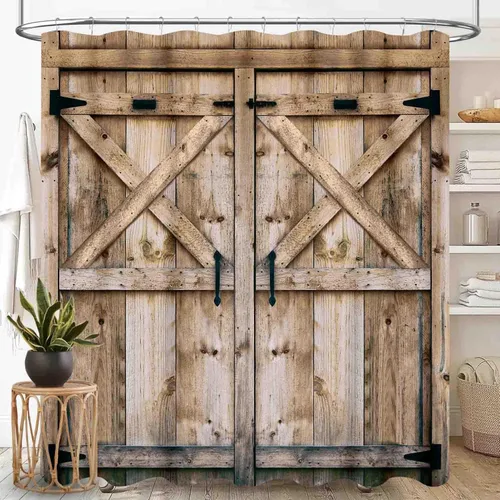 Miniatura 7 de Cortina de ducha de madera estilo granja para baño, tablero de madera marrón rústica con versículo bíblico y cruz, casa de campo rural, granero