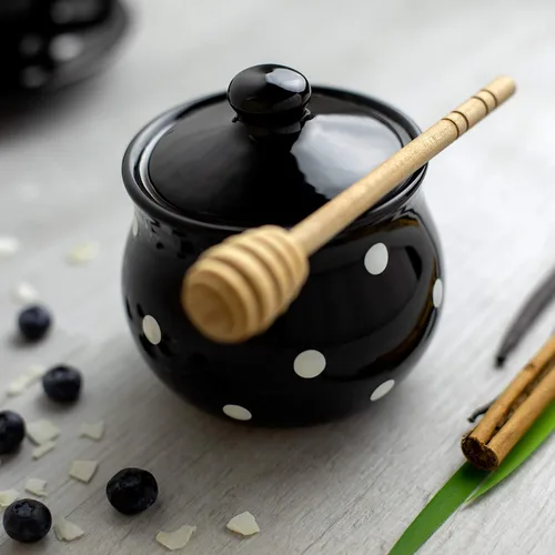 Miniatura 5 de Juego de tetera de cerámica de lunares blancos y negros hechos a mano, tetera grande de 1,7 l/60 onzas, 4-6 tazas, jarra de leche, azucarero, juego