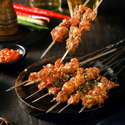 Miniatura 6 de Brochetas de metal para parrilla, paquete de 50 brochetas de 14.8 pulgadas, brochetas planas para barbacoa, juego de brochetas reutilizables