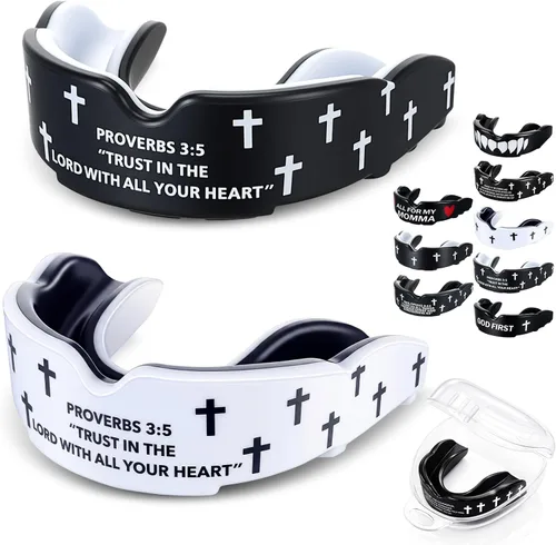 Miniatura 14 de Yaomiao 2 piezas de protectores bucales cruzados para lucha libre, protectores dentales deportivos cristianos con estuche, protector bucal religioso