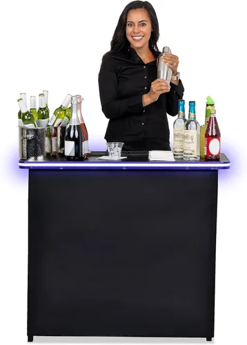 GoBar - Mesa de bar portátil para eventos, color negro, 3 faldas o LED, estación de bartending móvil desplegable con estuche de transporte de viaje