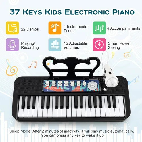 Miniatura 2 de Costzon Piano para niños, teclado de piano de juguete de 37 teclas con micrófono, taburete y soporte de música, piano electrónico portátil, juguete