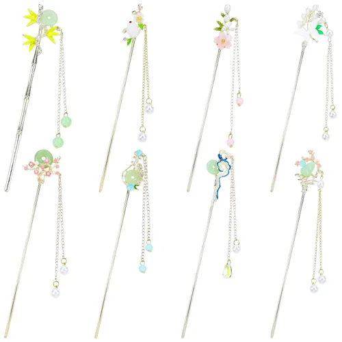 Miniatura 10 de inSowni 8 Piezas Palillos de Cabello Retro Vintage Asiáticos Chinos Tradicionales Hanfu de Metal Plateado con Colgantes de Cuentas de Perlas Flor