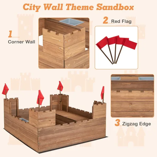 Miniatura 5 de HONEY JOY Caja de arena para niños, pozo de arena sin fondo de cedro para patio trasero, 4 banderas rojas y forro inferior, banco lateral y 2 cajas