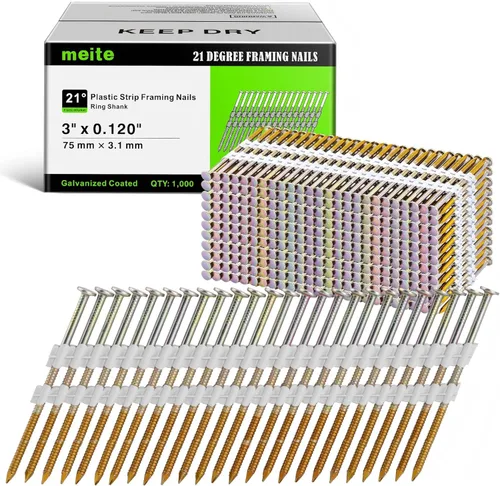 Miniatura 9 de meite Clavos de encuadre, 21 grados 3-1/4" X 0.131", clavos galvanizados de cabeza redonda (1,000 unidades) con vástago liso para pistolas de clavos