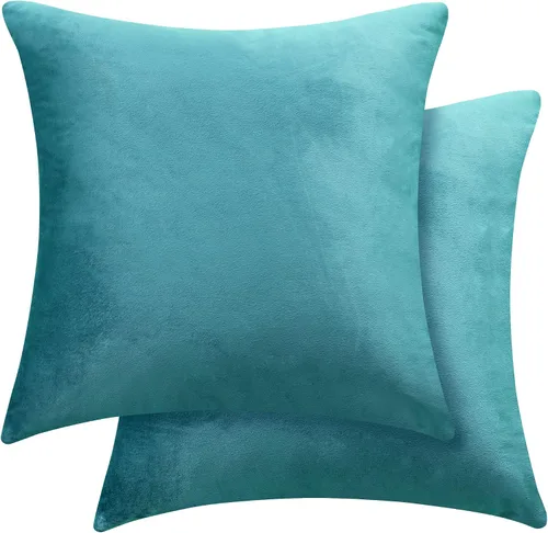Miniatura 9 de Deconovo Juego de 2 fundas de almohada de terciopelo, 26 x 26 pulgadas, color azul, suaves pompones cuadrados con funda de cremallera oculta
