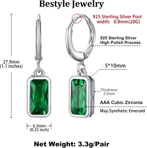 Miniatura 6 de Bestyle Aretes colgantes de plata de ley pequeños y delicados con piedra natal para mujeres y niñas con cristal rectangular de baguette y aro