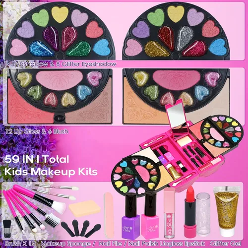 Miniatura 2 de Kit de maquillaje infantil para niñas, 59 piezas de maquillaje real y seguro para niñas pequeñas, maquillaje lavable para niñas pequeñas, kit