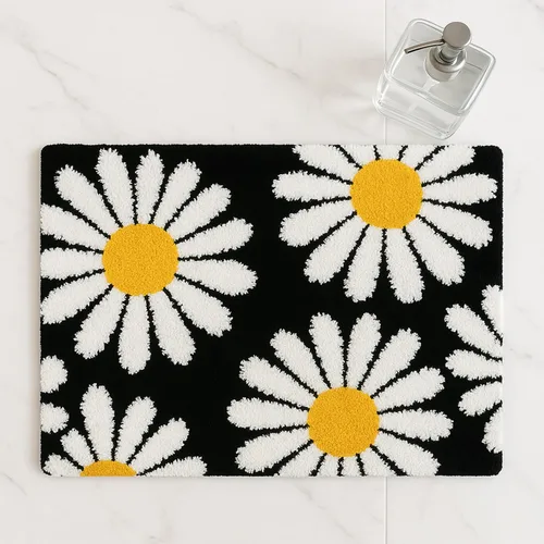 Alfombra de baño de flores negras, alfombra de baño floral, bonita alfombra de baño de plantas, tapetes de baño de microfibra lavables para baño,