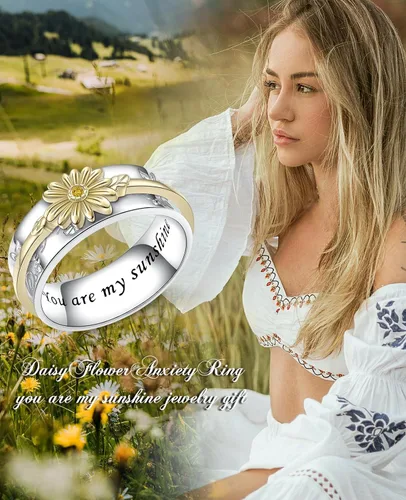 Miniatura 9 de Anillo giratorio para aliviar la ansiedad con margaritas You Are My Sunshine Flower Fidget Ring de plata esterlina TDAH para aliviar el estrés