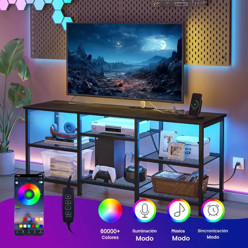 Miniatura 4 de YGEOMER Soporte de TV para televisores de 55 pulgadas, centro de entretenimiento con paneles de estante móviles, toma de corriente y luces LED