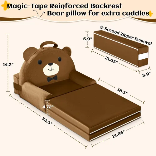Miniatura 4 de Sofá cama para niños con funda extraíble lavable y respaldo de cinta mágica - Silla plegable para niños pequeños, cómodos muebles de terciopelo