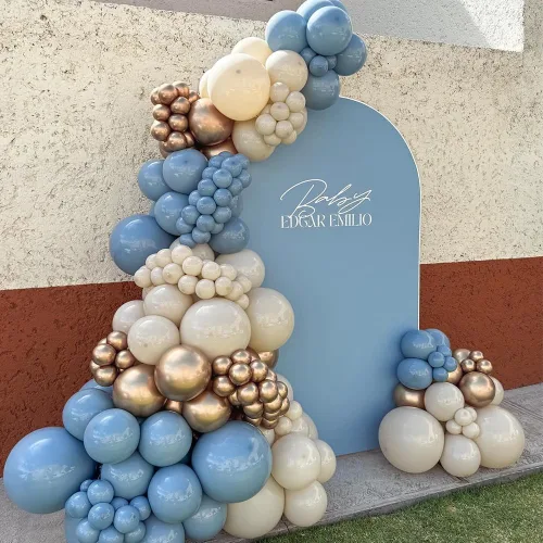 Miniatura 4 de Kit de Arco de Guirnalda de Globos Baby in Bloom, 150 Piezas de Globos de Látex Azul Bebé Polvoriento Blanco Arena Champán Dorado para Baby Shower