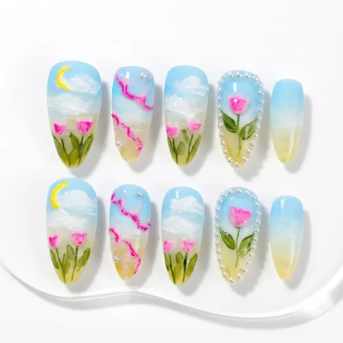 Miniatura 13 de Sun&Beam Nails Uñas a presión hechas a mano medianas con diseño de concha rosa metálica con acabado brillante, 10 piezas para uso diario y ocasiones