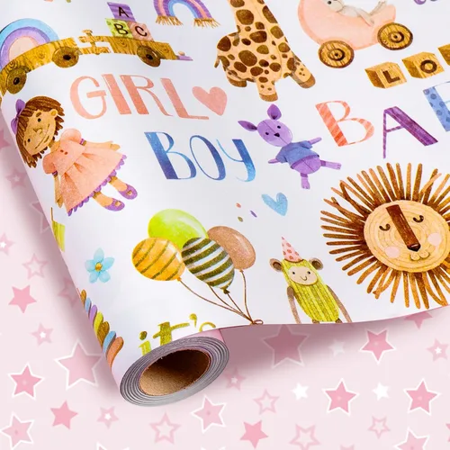 Miniatura 26 de Homeral Rollo de papel para envolver regalos azul para baby shower - Rollo mini - 17 pulgadas x 16.5 pies - Juego reversible de papel de regalo