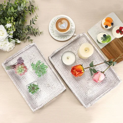 Miniatura 3 de Hipiwe Bandeja de ratán para servir con asas de madera, bandeja decorativa tejida a mano para mesa de café, cesta rectangular, bandejas otomanas