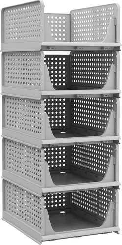Miniatura 7 de Pinkpum Paquete de 5 organizadores plegables de armario, cesta de plástico apilable para ropa, contenedor de almacenamiento de estantes para Negro