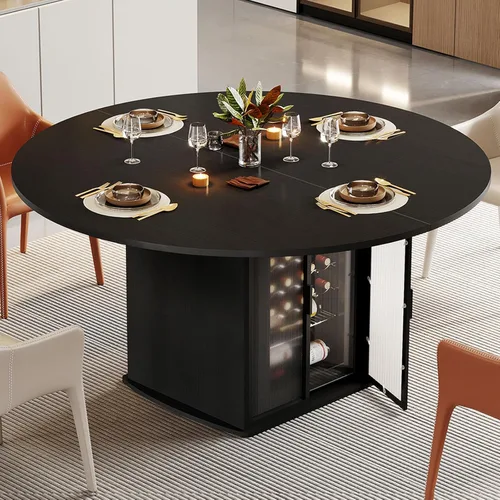 IBF Mesa de comedor redonda negra para 4-6, mesa de cocina de 47 pulgadas con espacio para refrigerador, mesas de comedor modernas con