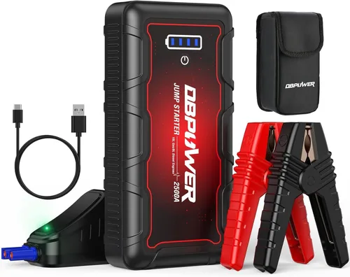 DBPOWER Arrancador de auto portátil 2500A pico 74Wh (motores de hasta 10L de gasolina/8L de diésel) 12V paquete de batería portátil con cables de