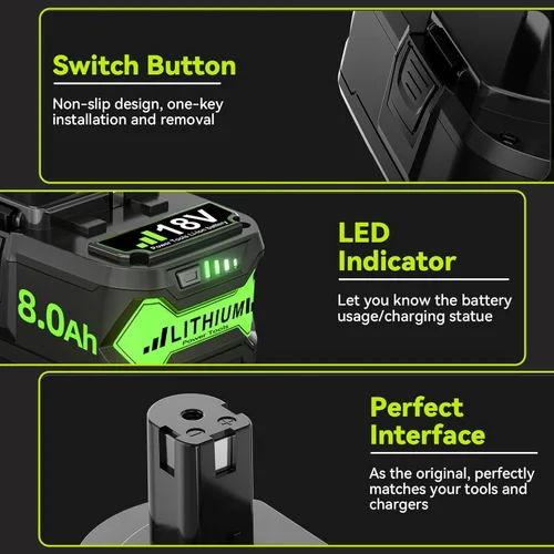 Miniatura 5 de Paquete de 2 baterías de repuesto actualizadas de 8.0 Ah para Ryobi de 18 V, batería de iones de litio ONE+ Plus P102 P103 P104 P105 P106 P108 P107