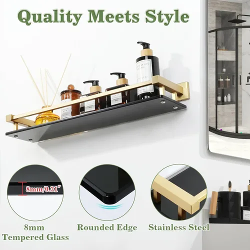 Miniatura 4 de Alise Estantes de baño, estante de vidrio dorado para baño, estantes flotantes modernos, 20 pulgadas Dorado y Negro