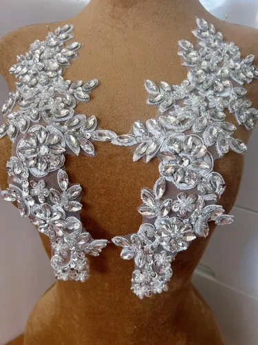 Miniatura 4 de 1 par de decoraciones de vestido de novia de 5.1 x 13.4 in, parches de encaje para coser con cuentas de diamantes de imitación sueltas, piedras