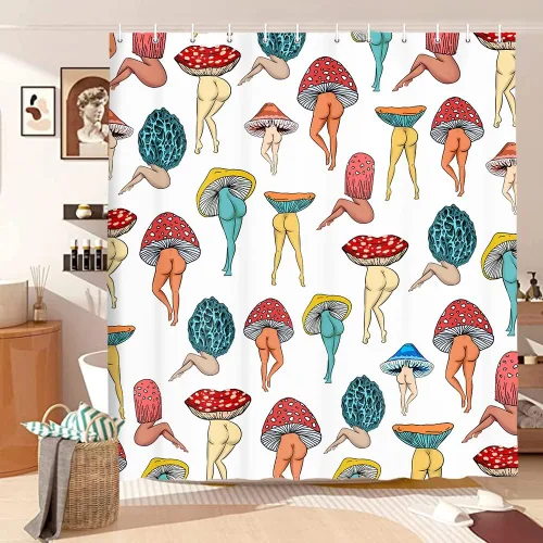 Miniatura 14 de Divertida cortina de ducha con trasero de hongo, divertida y sexy, de los años 70 y 80, cortinas de ducha de tela para baño, hippie, psicodélico
