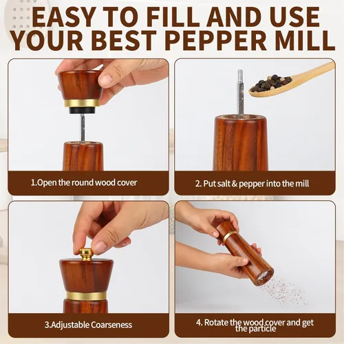 Miniatura 3 de Molinillo de pimienta de madera, molinillo de pimienta de madera, molinillo de sal recargable con grueso, molinillo de pimienta manual ajustable