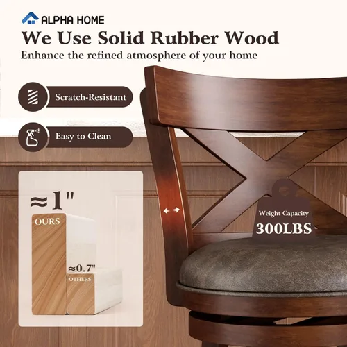Miniatura 6 de ALPHA HOME Taburetes de bar giratorios con respaldo, 26 pulgadas, juego de 2, taburetes de bar de madera, sillas de bar de 360 grados con patas
