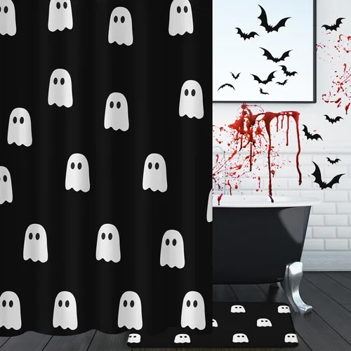 Miniatura 2 de Juego de 6 cortinas de ducha fantasma de Halloween de 72 pulgadas con 12 ganchos, alfombra antideslizante, cubierta de tapa de inodoro, toalla