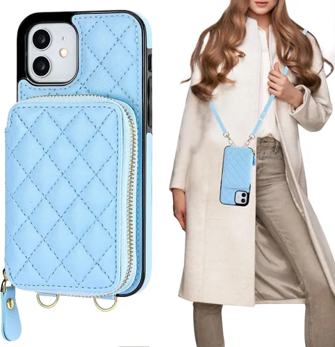 Miniatura 16 de Bocasal Funda tipo cartera cruzada para iPhone 12/12 Pro, bloqueo RFID, de piel sintética, con cremallera, bolso cartera con tapa plegable, funda