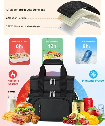 Miniatura 4 de Lonchera para Hombres, Bolsa de Almuerzo con Doble Aislamiento Reutilizable a Prueba de Fugas Bolsa Refrigeradora Portátil Bolsa de Comida para Negro