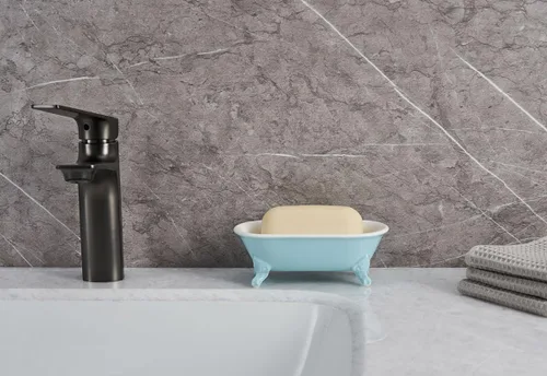 Miniatura 4 de Bañera decorativa en miniatura con patas de garra de cerámica de 6.5", jabonera para jabón en barra, soporte para esponja de cocina y bandeja