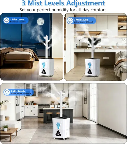 Miniatura 5 de Humidificador para habitación grande, 13 L/3.43 galones 1400 pies cuadrados, humidificadores de niebla fría para dormitorio con salida de Blanco